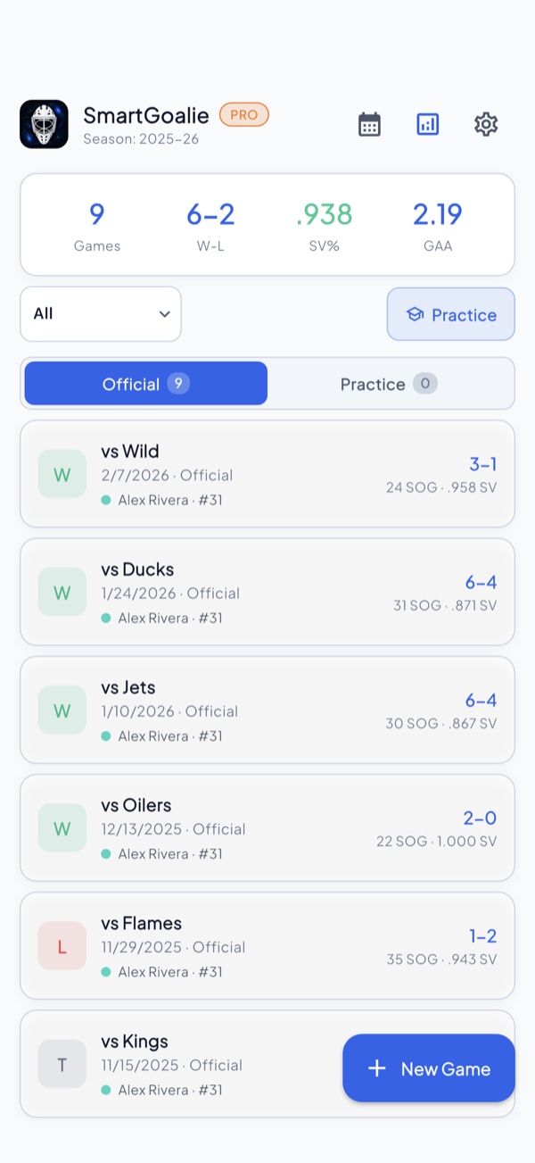 SmartGoalie home screen: season SV% and GAA above the list of games.