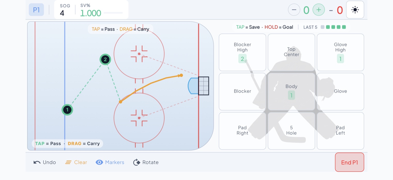 SmartGoalie live game-recording screen: the rink on the left, a 9-zone save grid on the right.